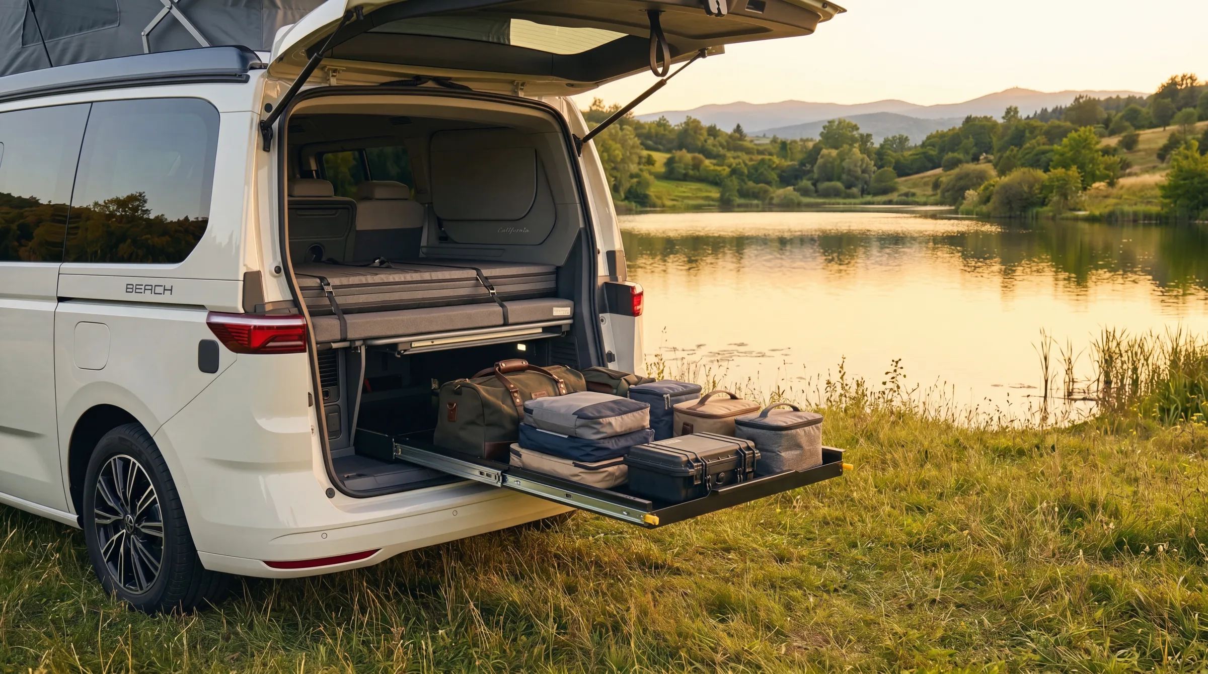 Szuflada w bagażniku VW California T7 załadowana bagażem podróżnym